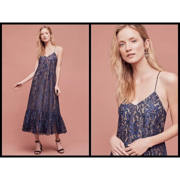 💕MOULINETTE SOEURS ANTHROPOLOGIE💕 Celestial Lace Maxi Dress Navy Blue 12 NWOT - Picture 3 of 14